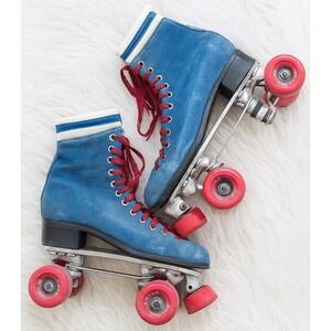 70s Vintage sz 9 Womens Roller Derby Blue Striped Lace Up Skates Retro Groovy